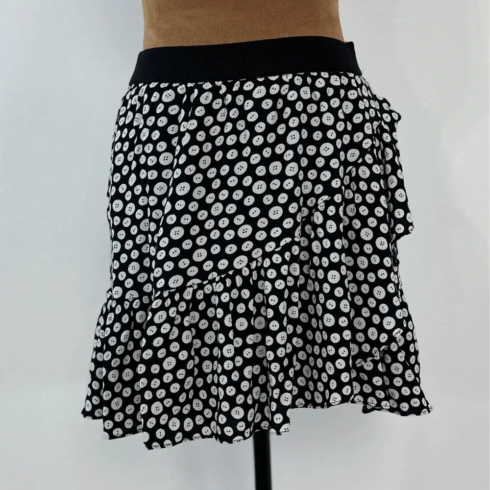 Maeve‎ Anthropologie Button Print Ruffle Mini Black White Asymmetrical Flounce